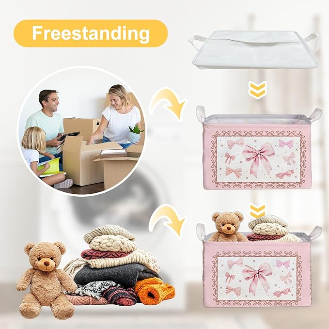 Pink Bow Foldable Storage Box, Waterproof Toy and Clothes Storage Box for Nursery Room, Pink Cute Bow Decorative Fabric Basket for Boys Girls Bedroom, Storage Basket Gifts for Bow Party Decoration