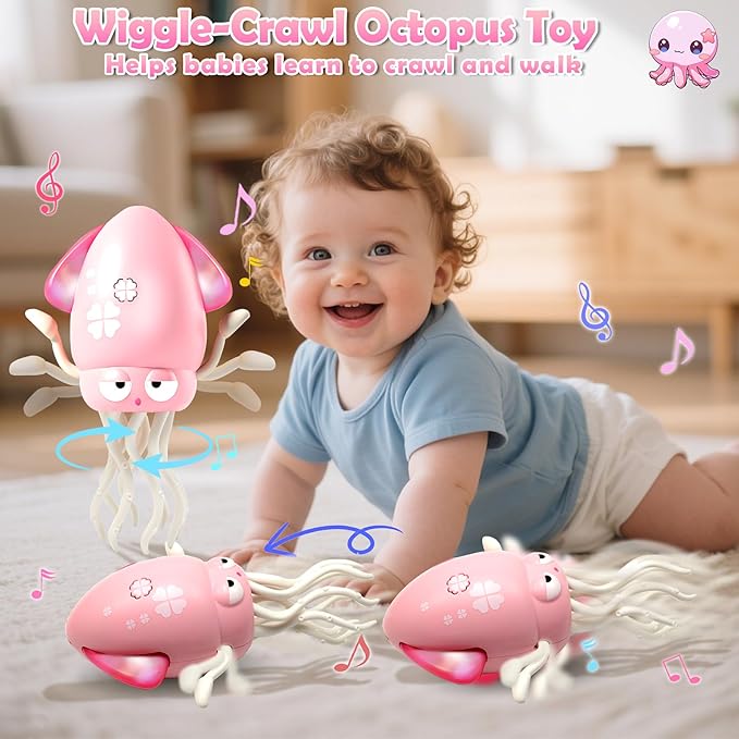 Pbooo Magic Dancing Octopus Toy, Electric Crawling with LED Lights and Music, Rechargeable Music Squid Baby Toy for 3-6 Year Olds, Tummy Time and Toddler Walking Toy, Birthday Gift, Light Pink