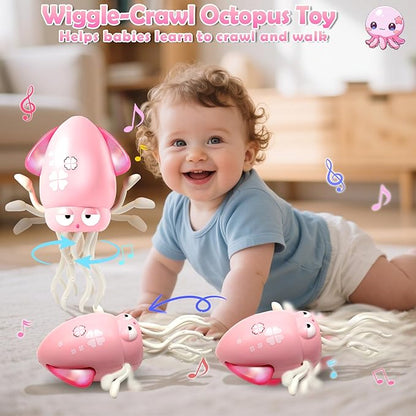 Pbooo Magic Dancing Octopus Toy, Electric Crawling with LED Lights and Music, Rechargeable Music Squid Baby Toy for 3-6 Year Olds, Tummy Time and Toddler Walking Toy, Birthday Gift, Light Pink
