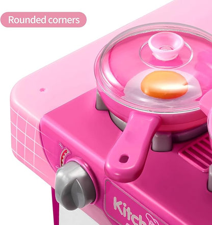 TEMI Play Kitchen Playset Pretend Food - 53 Pieces Pink Kitchen Toys for Toddlers, Toy Accessories Toddler Set with Sound and Light, Toddler Outdoor Playset for Kids, Girls and Boys