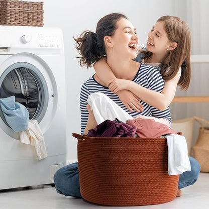 XXL Large Cotton Rope Basket - Maliton Large Storage for Blankets, Towels, Pillows - Round Toy Basket - Woven Laundry Hamper with Handles - 22" x 22" x 14" Nursery Hamper Bin, Burnt Orange
