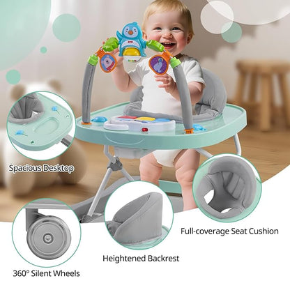 Baby Walker, Music & Removable Footrest with Toys, 3-Height Adjustable, Foldable 4-in-1 Activity Center for Infant and Toddler, Baby Walker for Baby Boy Girls 7–18 Months