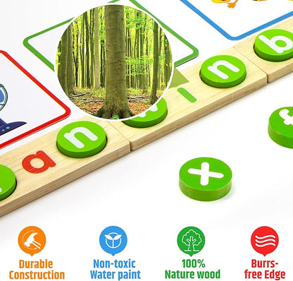 Preschool Kindergarten Learning Activities,ABC Learning for Toddlers,Wooden CVC Word Spelling Games with Flash Cards,Montessori Educational Toys Gifts for 3-7 Years Old Kids,Phonics Books for Readers