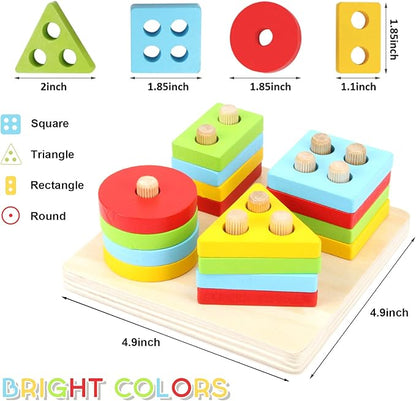 WOOD CITY Wooden Montessori Sorting & Stacking Toys for Toddlers 1 2 3 Year Old, Educational Shape Color Recognition Puzzle Stacker, Development & Learning Toys Boys Girls