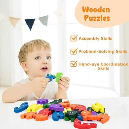 LOVESTOWN Alphabet Jigsaw Puzzle, Building Blocks Animal Wooden Puzzle, Wooden Snake Letters Numbers Block Toys for Kids Birthday Gifts