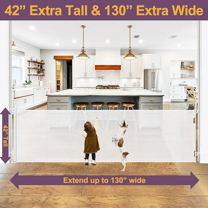 42" Tall X 130" Extra Wide Retractable Gates for Large Openings Extra Tall Baby Gate for Doorways Tall Dog Gates Indoor Outdoor Retractable Gate Extra Long Mesh Gate Tall Pet Gate for Stairs, White