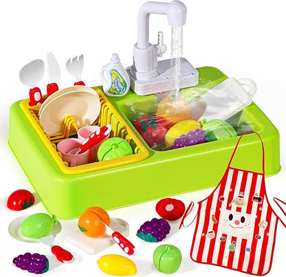 Play Sink with Running Water Play Kitchen Toddler Girl Toys Sink Kitchen Sink Toys with Apron Children Electric Dishwasher Kids Sink Running Water Play House Pretend Role Play Sink for Toddlers 1-3