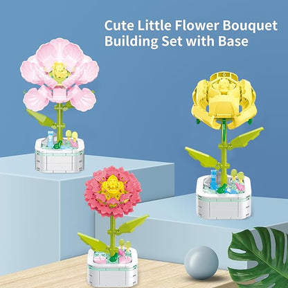 Flower Bouquet Building Set with Base, Flower Building Set Artificial Plant Flowers Building Blocks for Home Office Decor, Birthday Gifts, Desktop Trinkets Age 6+
