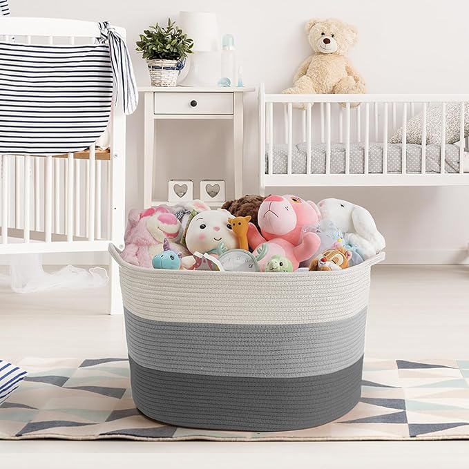Maliton Large Blanket Basket, 22" X 22" X 14" Woven Baskets for storage Baby Laundry Hamper, Cotton Rope Blanket Basket for Living Room, Laundry, Nursery, Pillows, Clothes, Baby Toy chest (White&Grey)