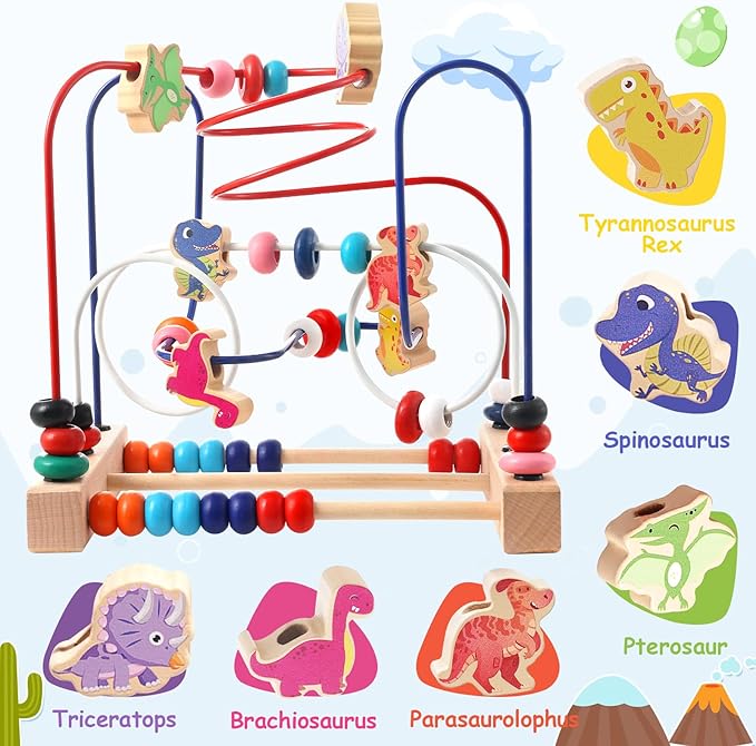 Wooden Bead Maze Toy for Toddlers, Dinosaur Themed Colorful Roller Coaster Abacus Activity Toy,Early Learning Educational, Fine Motor Skill Development, Gift for 3+ Boys and Girls