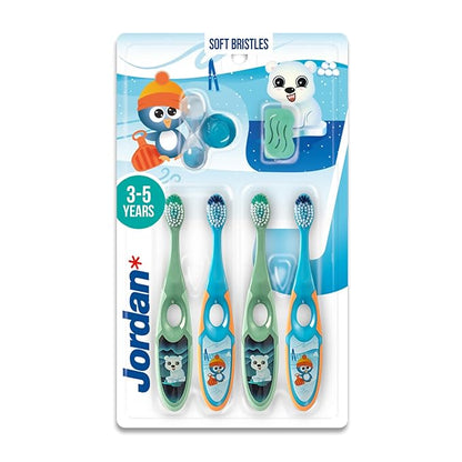 Jordan* Step 2 Kids Toothbrush, 3-5 Years, Soft Bristles, BPA Free (4 Pack) Blue & Green