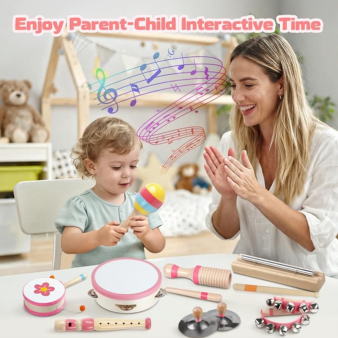 Baby Musical Instruments - Montessori Musical Toys for Toddlers 1-3, Wooden Percussion Instruments Set, Kids Preschool Educational Music Learning Toys, Birthday Gifts for Boys Girls (Pink)