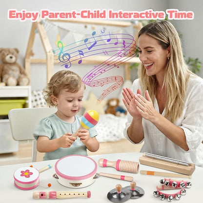 Baby Musical Instruments - Montessori Musical Toys for Toddlers 1-3, Wooden Percussion Instruments Set, Kids Preschool Educational Music Learning Toys, Birthday Gifts for Boys Girls (Pink)