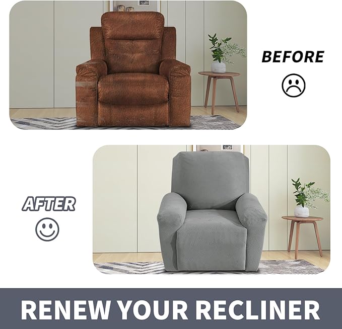 JIVINER Recliner Chair Covers, Jacquard 3 Piece Slipcovers for Recliner Chair Soft Stretch Lazy Boy 1 Seater Reclining Protector with Pockets (Recliner, Light Grey)