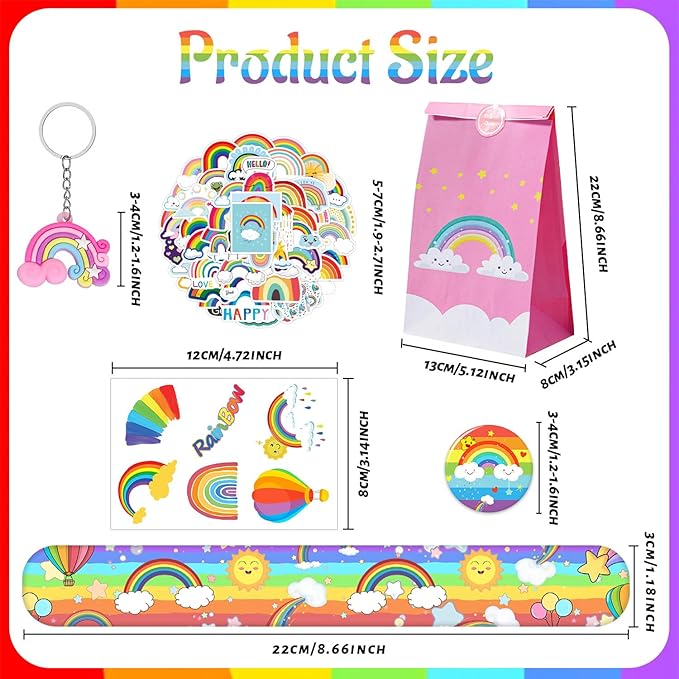 Rainbow Party Favors 110 PCS Slap Bracelets, Button Pins, Stickers, Temporary Tattoos, Key Chains and Gift Bags Girl Boy Kids Baby Shower Rainbow Unicorn Cloud Birthday Party Supplies Decorations