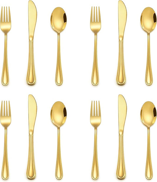 12-Piece Gold Kids Silverware, E-far Stainless Steel Toddler Kids Utensils Safe for Preschooler/Children, Includes 4 Forks 4 Spoons 4 Knife, Slimline Look & Small Size, Healthy & Rust Free