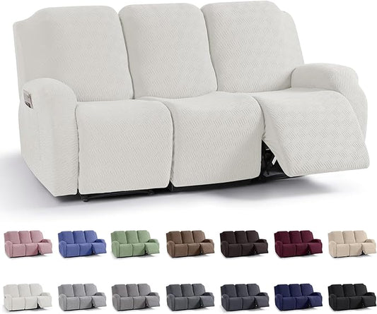 KinCam Recliner Covers, Stretch Reclining Chair Covers, Recliner Sofa Slipcovers Stripe Jacquard Recliner Couch Covers Furniture Protector Covers for Pet Kid (3 Seater, Cream)