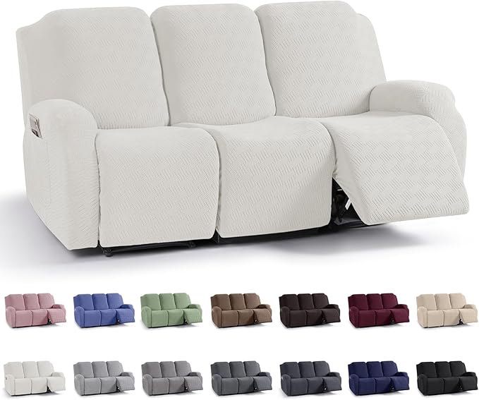 KinCam Recliner Covers, Stretch Reclining Chair Covers, Recliner Sofa Slipcovers Stripe Jacquard Recliner Couch Covers Furniture Protector Covers for Pet Kid (3 Seater, Cream)
