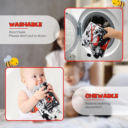 OKOOKO Soft Baby Book Black and White High Contrast Animals Tails Book Bath Book Montessori Sensory Stroller Toy Non-Toxic Crinkle Washable Early Education for Baby Infant Toddler