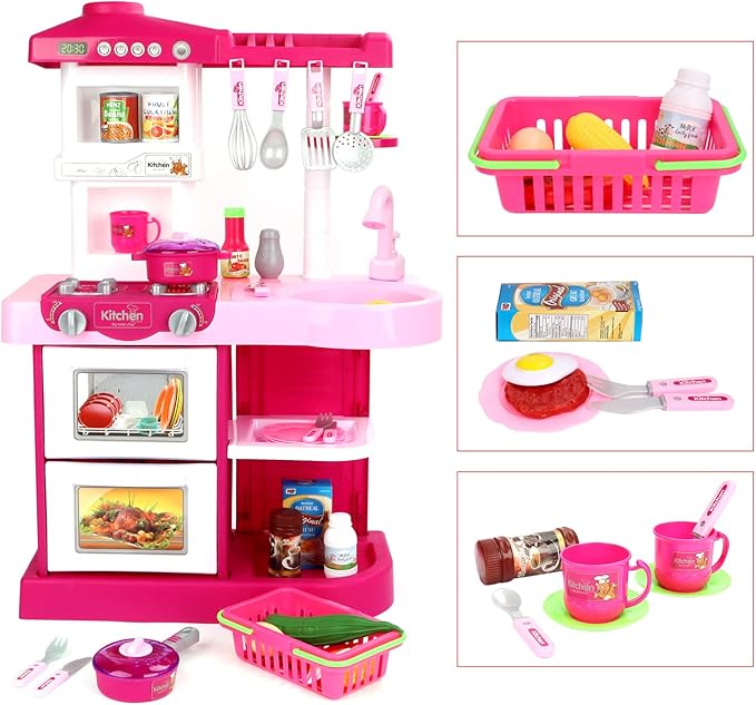deAO Kitchen Playset Toy Pretend Food with Sounds and Lights Role Playing Game Pretend Food Playset for Toddlers,Pink