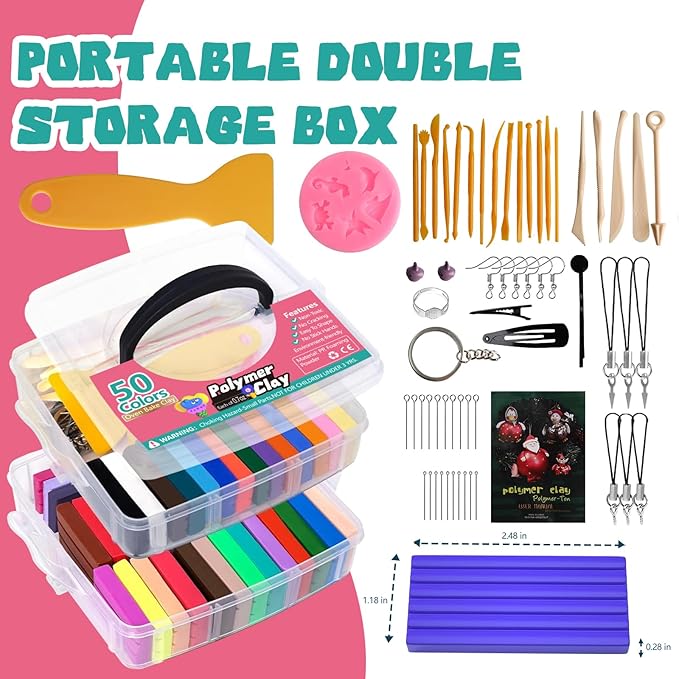 Polymer Clay Kit 50 Colors,Oven Bake Modeling Clay Kit,Creative Clay with 19 Clay Tools and 10 Kinds of Accessories,Non-Toxic,Safe Great Christmas Gift for Children Kids Adults Beginners