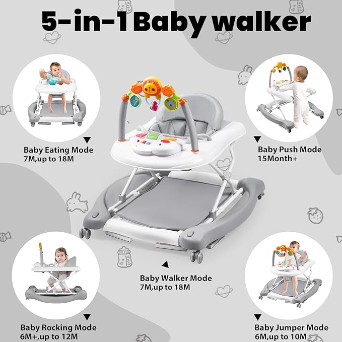 Boyro Baby Baby Walker, 5-in-1 Baby Walkers for Boys and Girls 6-12 Months with Bouncer, Removable Footrest, Feeding Tray & Music, Foldable & Adjustable Activity Walker for 6-18 Months Toddler Infant