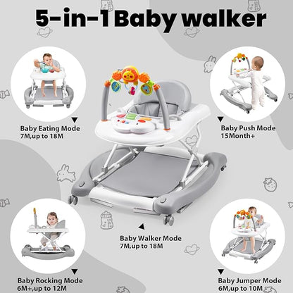 Boyro Baby Baby Walker, 5-in-1 Baby Walkers for Boys and Girls 6-12 Months with Bouncer, Removable Footrest, Feeding Tray & Music, Foldable & Adjustable Activity Walker for 6-18 Months Toddler Infant