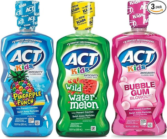 Aact Kids Anticavity Mouthwash Variety Pack, Watermelon, Pineapple, Bubble Gum (50.70 FL Oz (Pack of 3))