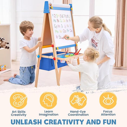 Art Easel for Kids Easel for Toddlers, Adjustable Wooden Kids Drawing Easel with Magnetic Whiteboard & Chalkboard, Kids Dry Erase Board, Easel for Kids Ages 3 4-8 9-12, Blue w/Bag