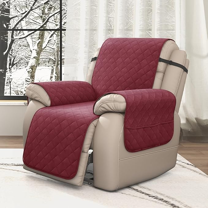 CHUN YI Recliner Chair Cover, Non-Slip Recliner Covers That Stay in Place, Washable Lazy Boy Recliner Covers with Pockets, Water Resistant Recliner Slipcover for Pets (Wine, Small Recliner)