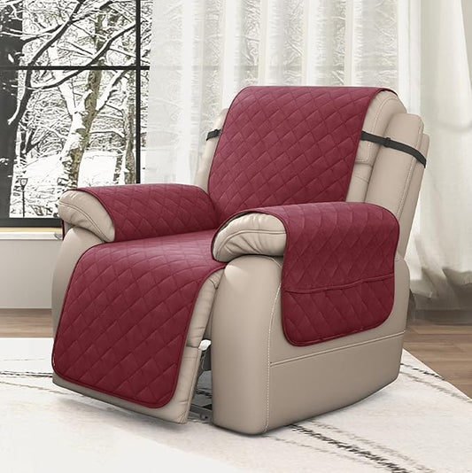 CHUN YI Recliner Chair Cover, Non-Slip Recliner Covers That Stay in Place, Washable Lazy Boy Recliner Covers with Pockets, Water Resistant Recliner Slipcover for Pets (Wine, Small Recliner)