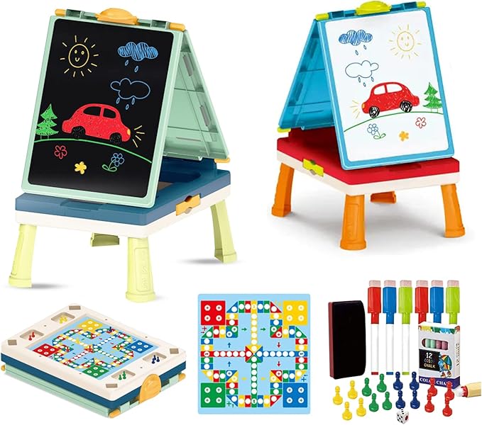 Kids MeeA Art Easel Whiteboard Chalkboard All-in-One with 32 Accessories, Markers, Color Chalk, Games Pieces, case and Stand.(3 Years and Older)