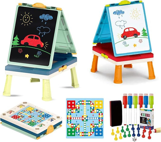 Kids MeeA Art Easel Whiteboard Chalkboard All-in-One with 32 Accessories, Markers, Color Chalk, Games Pieces, case and Stand.(3 Years and Older)