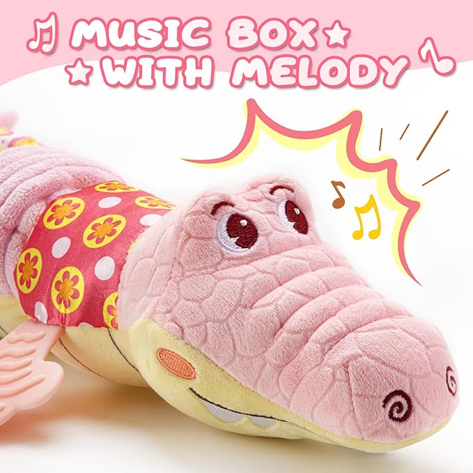AWOTOY Baby Toys 0 to 12 Months, Musical Stuffed Animal Activity Soft Toys with Multi-Sensory Crinkle, Rattle and Textures,Infant Tummy Time Toys for Newborn Boys Girls, Crocodile, Pink