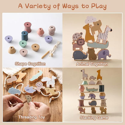 Wooden Animals Threading Toys Lacing Beads for Toddlers 2 3 4 5 Years Old, Stacking Blocks Balance Toy, Educational Preschool Learning Toy, Montessori Activities for Boys & Girls