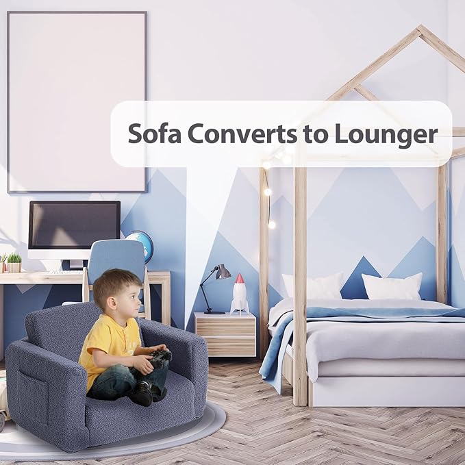 Tiita Kids Sofa, 2-in-1 Kids Sofa Chair, Convertible Children Couch to Lounger, Flip Out Kids Sofa Chair, Toddler Armrest Chair Bed, Folding Kids Play Sofa for Girl or Boy(Navy Blue)