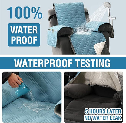 H.VERSAILTEX 100% Waterproof Small Recliner Chairs for Adults Lazy Boy Recliner Chair Covers Furniture Protector with Elastic Straps for Pets Kids Sitting Width Up to 23" (Recliner, Smoke Blue/Beige)