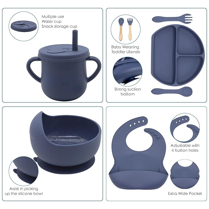 100% Silicone Baby Feeding Set,BPA Free Baby Dishes Set with Suction Bowl Divided Plate,Toddler Self Feeding Dish Set with Spoons Forks Sippy Cup and Bib, Baby Eating Utensils (Navy Blue)