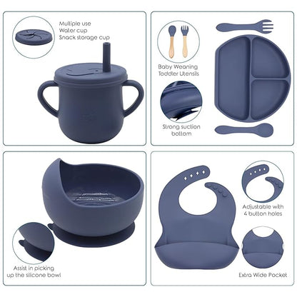100% Silicone Baby Feeding Set,BPA Free Baby Dishes Set with Suction Bowl Divided Plate,Toddler Self Feeding Dish Set with Spoons Forks Sippy Cup and Bib, Baby Eating Utensils (Navy Blue)