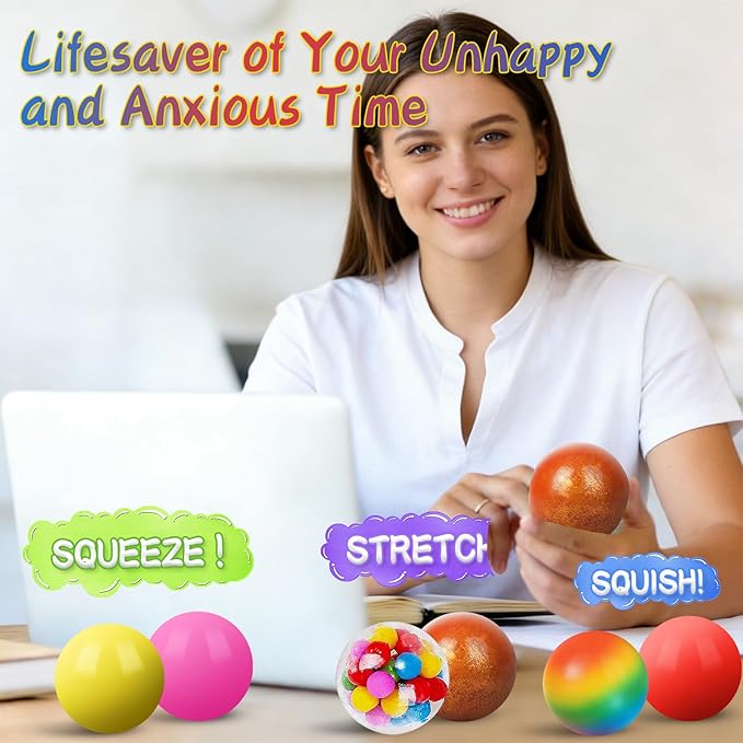6 Pack Stress Balls, Large 2.36” Squishy Sensory Fidget Toys for Adults, Squishies Squeeze Balls for Anxiety Relief, Calming, Focus & Stress Venting, Easter Basket & Goodie Bag Stuffers