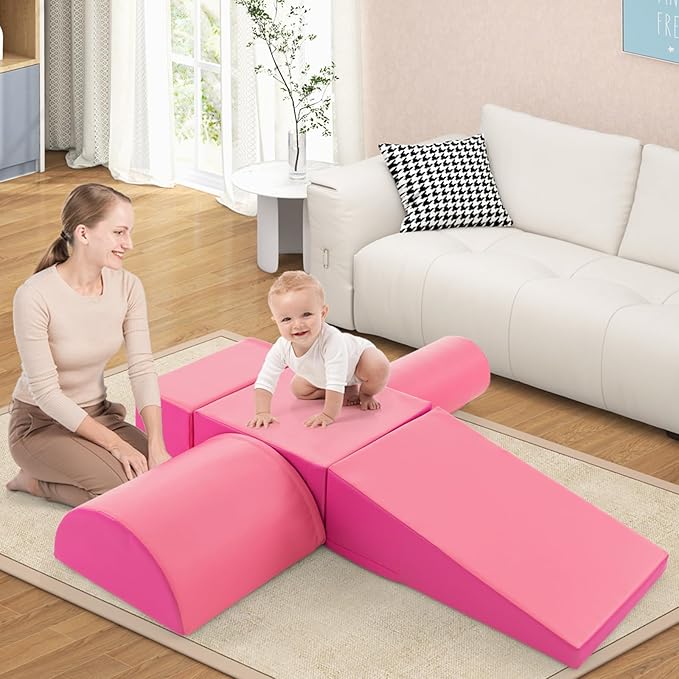 HONEY JOY 5-Piece Climb and Crawl Playset, Soft Climbing Foam Block Activity Play Structure Gym Equipment for Infant Baby, Color Coordination, Waterproof Indoor Climbing Toys for Toddlers (Pink)