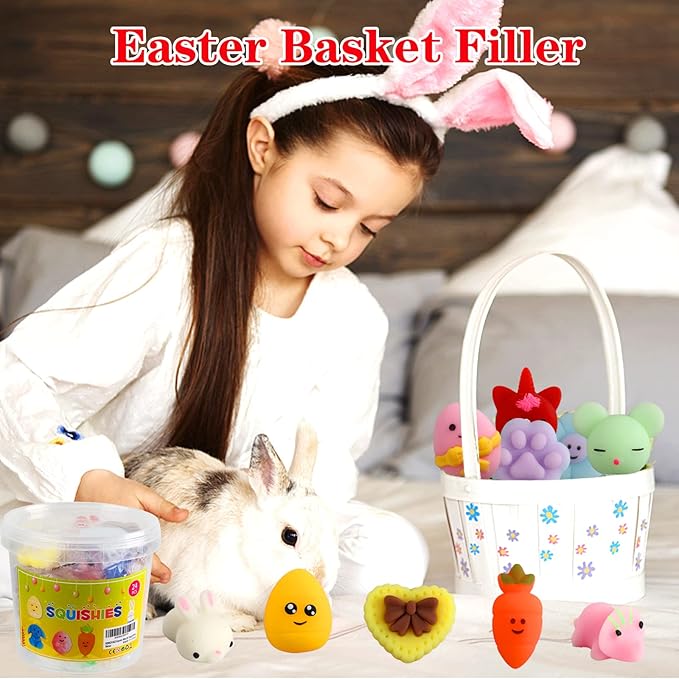 KINGYAO Easter Mochi Squishies, 24 pcs - Basket Stuffers & Egg Fillers for Kids, Teens, and Toddlers - Fidget Toys, Classroom Prizes, Party Favors (Ages 4-12)