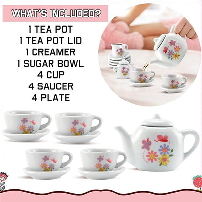 16 Piece Rose Flower Miniature Porcelain Ceramic Tea Set | Kids Toy Mini Pretend Play Kitchen Decorated Playset | Small Party Accessories Teapot, Cups, Sugar Bowl and Creamer