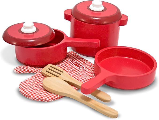 Melissa & Doug Deluxe Wooden Kitchen Accessory Set - Pots & Pans (8 pcs) , Green , H: 12 x W: 12 x D: 5