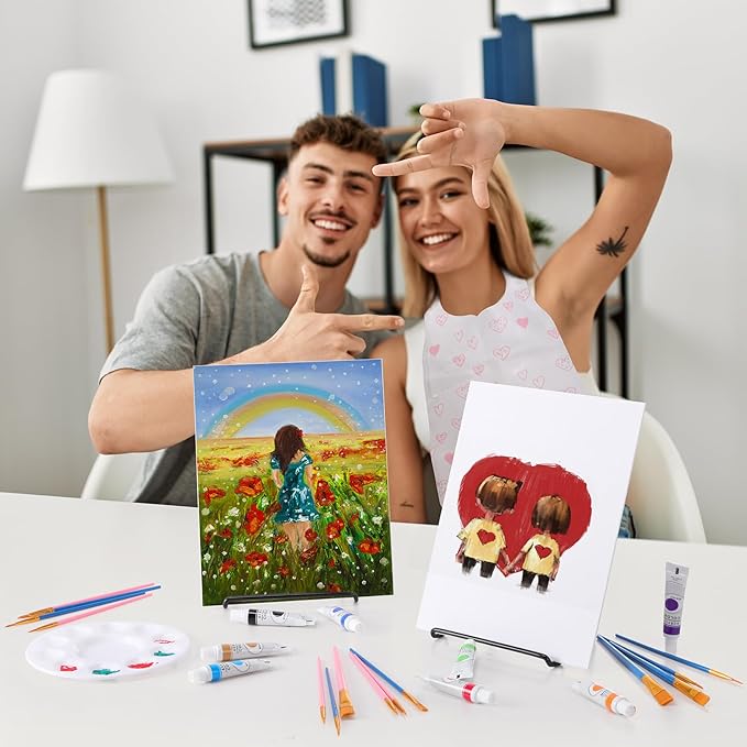 Fullhawl Valentine Acrylic Paint Canvas Easel Set, 62 Pcs Art Painting Supplies Kit with 2 Metal Easels, 2 x 10 Pcs Brushes, 2 Pcs 12 Color Tubes, 4 Canvases, 2 Palettes for Couples Student BeginnerF