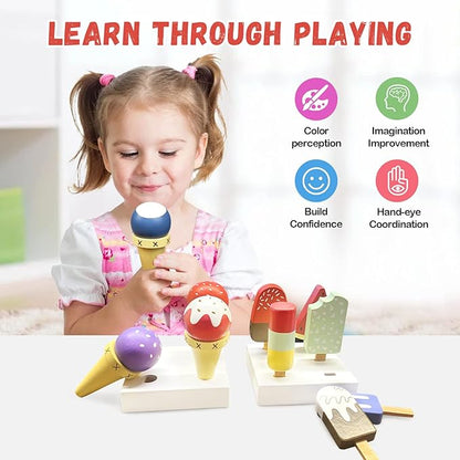 12 Pieces Ice Cream Toy Set with Wooden Popsicle Ice Cream Bar Pretend Play Food Accessories for Kids Encourage Role Play and Develops Social Skills for Children 3+