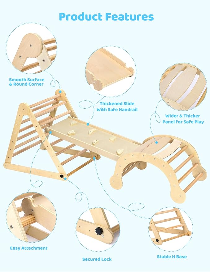 YOLEO Large Pikler Triangle Set, Wooden Toddler Climbing Toys Indoor with Safer Sturdy Base, Montessori Pikler Triangle Climbing Set for Kids' Indoor Climber & Playground & Jungle Gym (Natural)