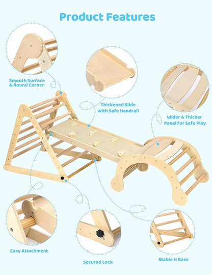 YOLEO Large Pikler Triangle Set, Wooden Toddler Climbing Toys Indoor with Safer Sturdy Base, Montessori Pikler Triangle Climbing Set for Kids' Indoor Climber & Playground & Jungle Gym (Natural)