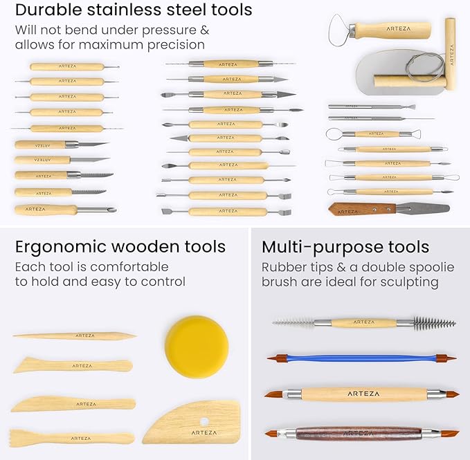 ARTEZA Pottery & Sculpting Tools, 42-Piece Clay Tools Set with Wooden Handles & Steel Tips for Polymer Clay, Ceramics, Carving, Modeling, Shaping & Smoothing