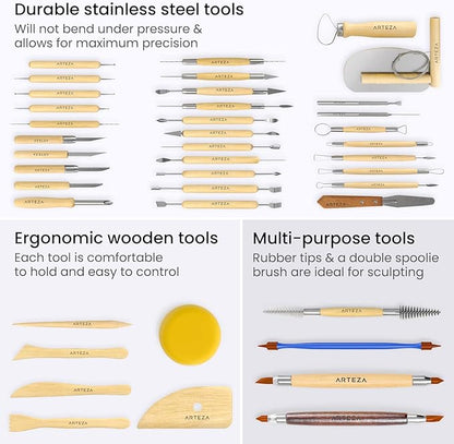 ARTEZA Pottery & Sculpting Tools, 42-Piece Clay Tools Set with Wooden Handles & Steel Tips for Polymer Clay, Ceramics, Carving, Modeling, Shaping & Smoothing
